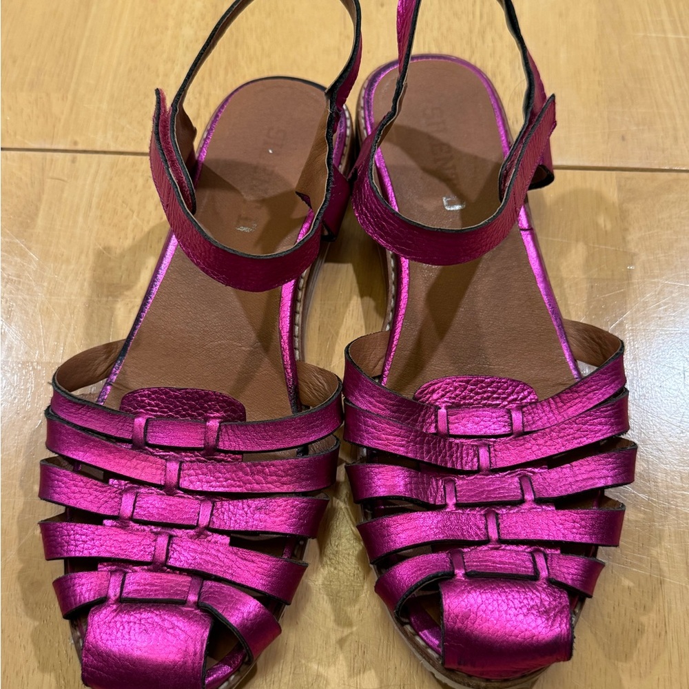 Metallic Fuchsia Woven Ankle-Strap Sandals